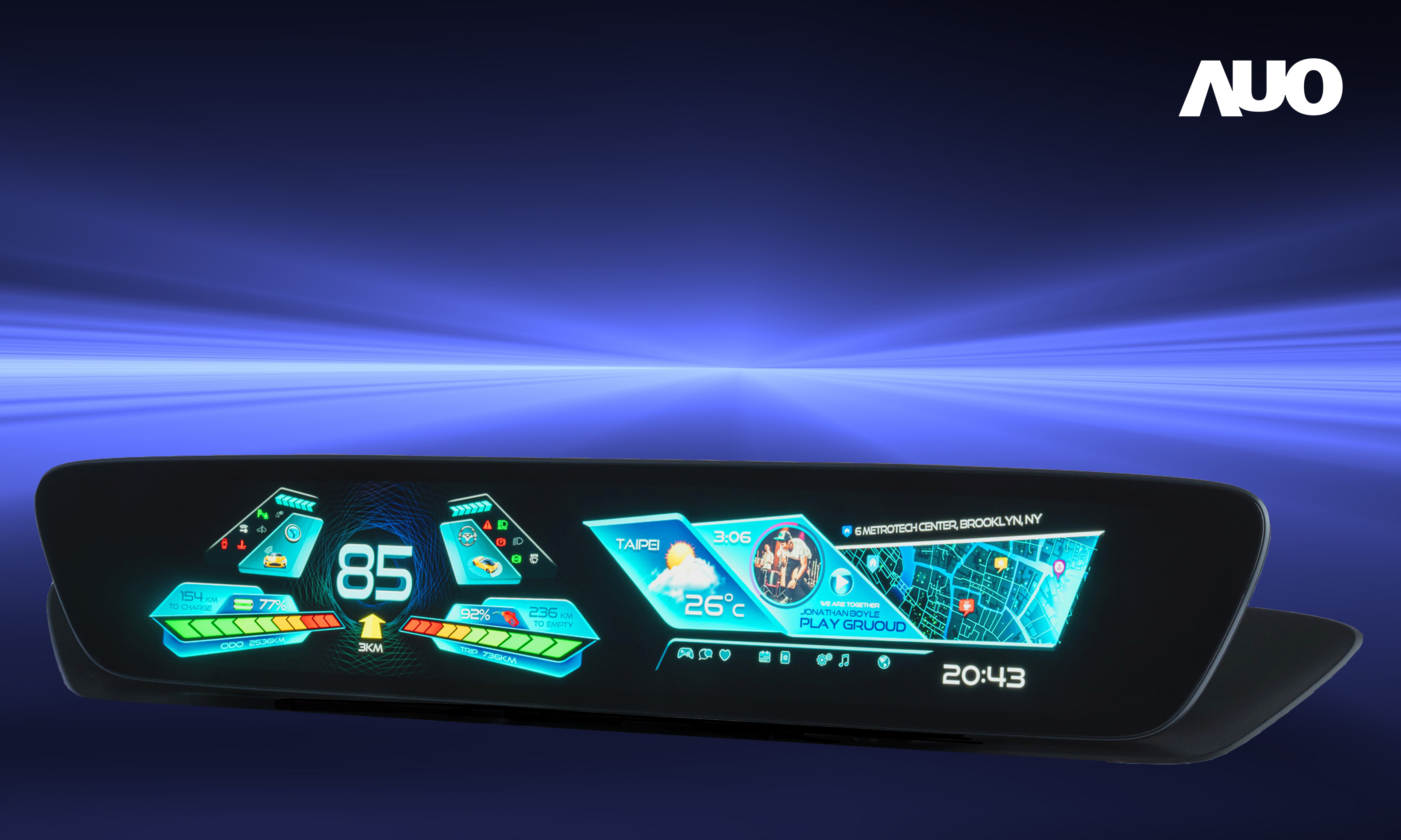 友達30.4吋異形曲面AmLED車載顯示系統，為一兼具儀表板及中控台人機介面的創新車載顯示系統，結合美學設計，提升車內科技沉浸感及使用體驗，讓車載顯示的未來應用更加多元化