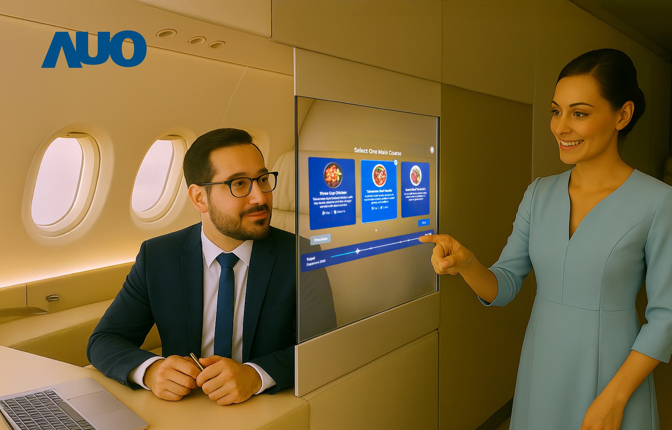 熊猫体育研发全球最薄17.3 吋双面透明 Micro LED 显示器，可在同一屏幕之双边投射不同信息，创造独特的&rdquo;透明化&rdquo;互动；图为实时翻译交流应用情境