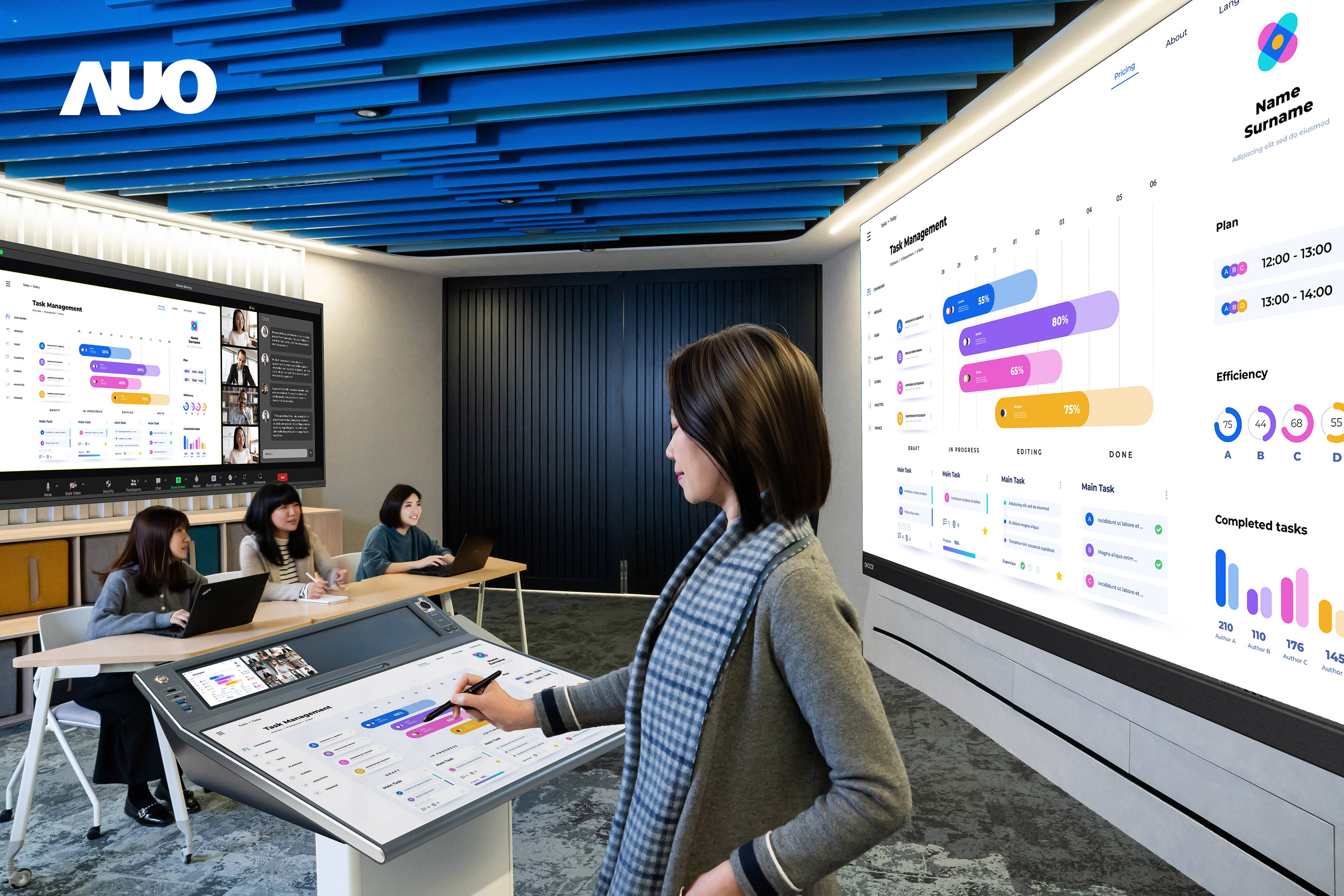 达擎携手Avocor与Rise Vision展示全方位商务领域应用，包含采用模块化设计的138吋一体式All-in-One LED显示器及具21:9超宽比例的92吋交互式电子白板（IFPD），讲者可轻松分享内容，有效提升会议协作效率。